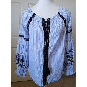 Haute Monde women's Blouse white Blue Plaid‎ Embroidery Small Bohemian